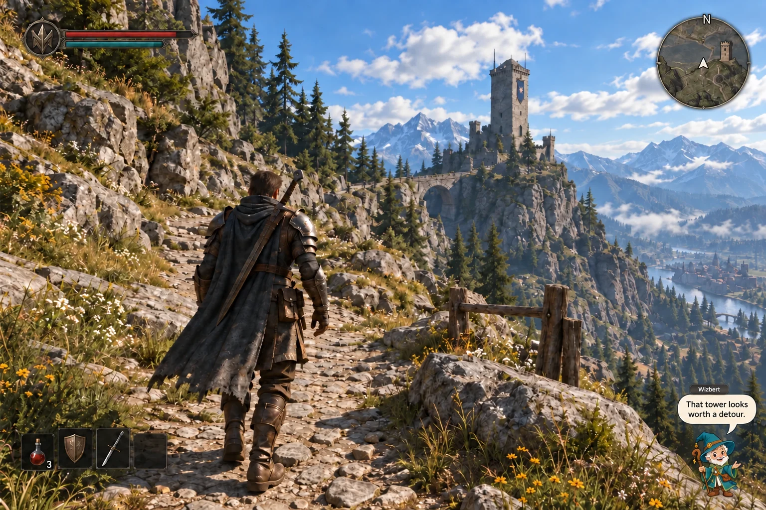 Concept screenshot on a Windows PC: a game fills the screen, with a small wizard and speech bubble overlaid in the lower-right corner.