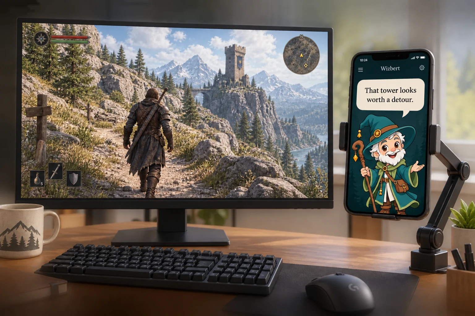 Concept desk setup: a PC monitor shows a game, while a phone on an articulated desk mount displays the wizard and his spoken-line caption. The game stays on the PC.
